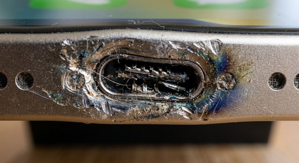 Conector de carga sujo e oxidado antes do reparo