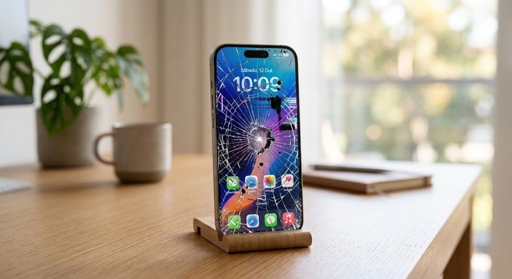 iPhone com a tela trincada antes do reparo na SevCell Celulares