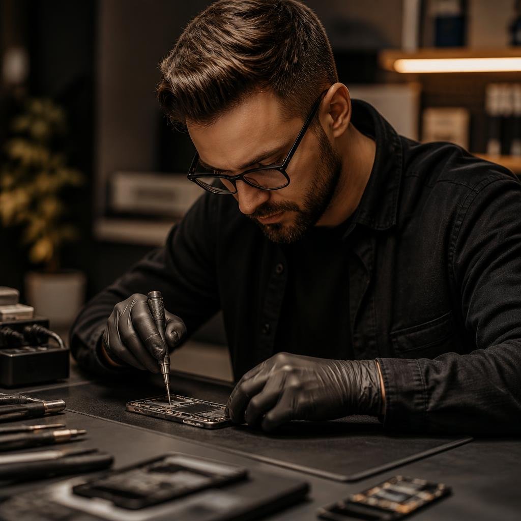 Técnico da SevCell Celulares trabalhando no reparo de um smartphone